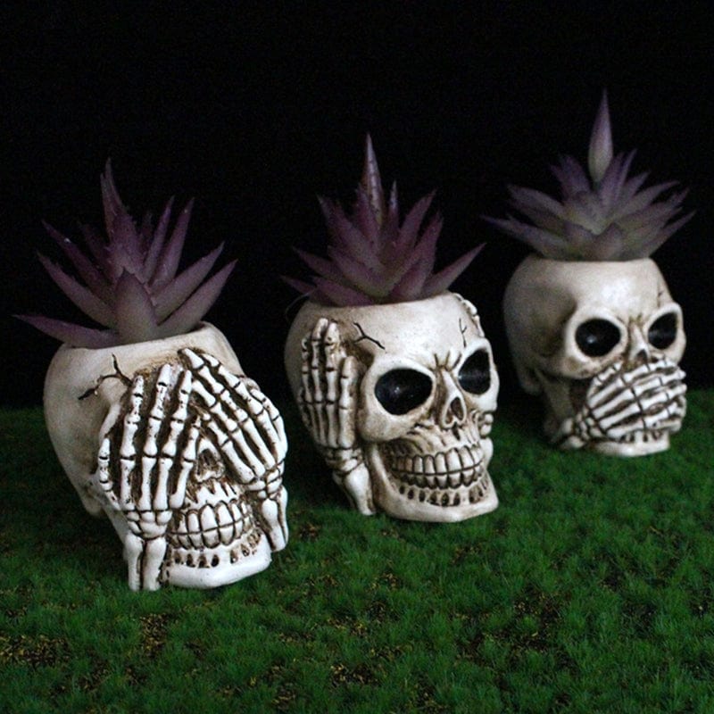 Jardioui Pots de Fleurs Artistiques Design Crâne en Résine (Lot de 2 + 1 Offert)